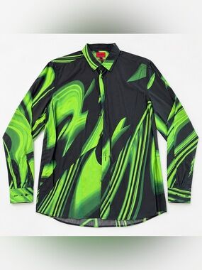 HUGO Abstract Print Button Down in Black & Green